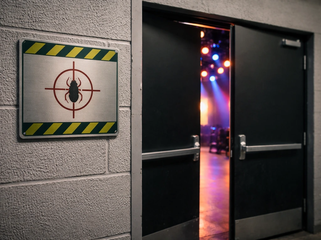 Billy Bretherton disambiguation image with a reality TV vibe: blurred studio hallway and an anonymous pest control sign