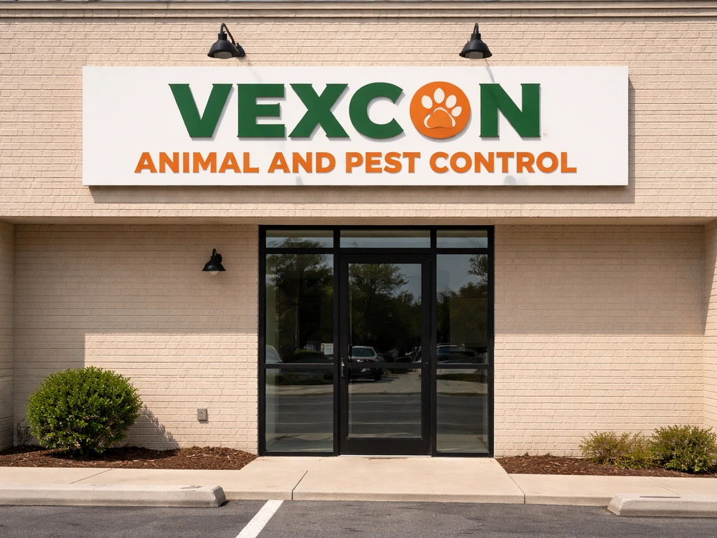 Daytime view of a small animal and pest control storefront with visible Vexcon signage and an entrance.