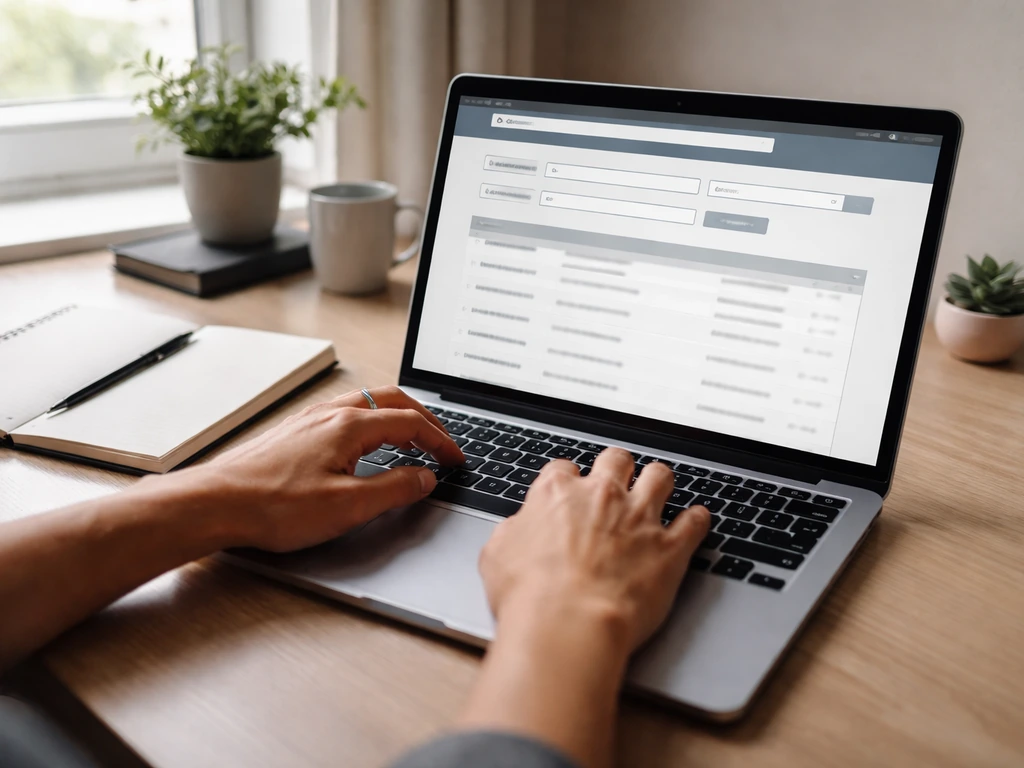 Hands typing on a laptop showing a generic business-filings search interface while verifying an estimate