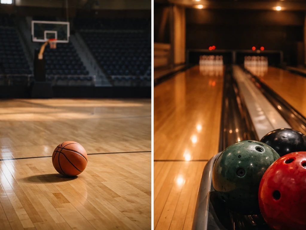 Split-style photo showing an old basketball arena and a bowling alley lane to cue two Billy Ray Bates identities.