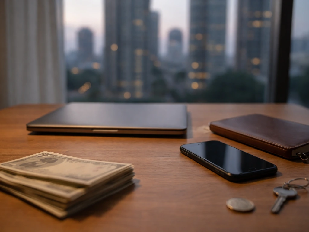 Minimal desk scene with cash and business tools, symbolizing a credible net-worth range.