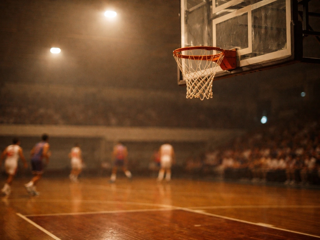 Vintage basketball scene with a PBA-era feel, game court background and motion blur.