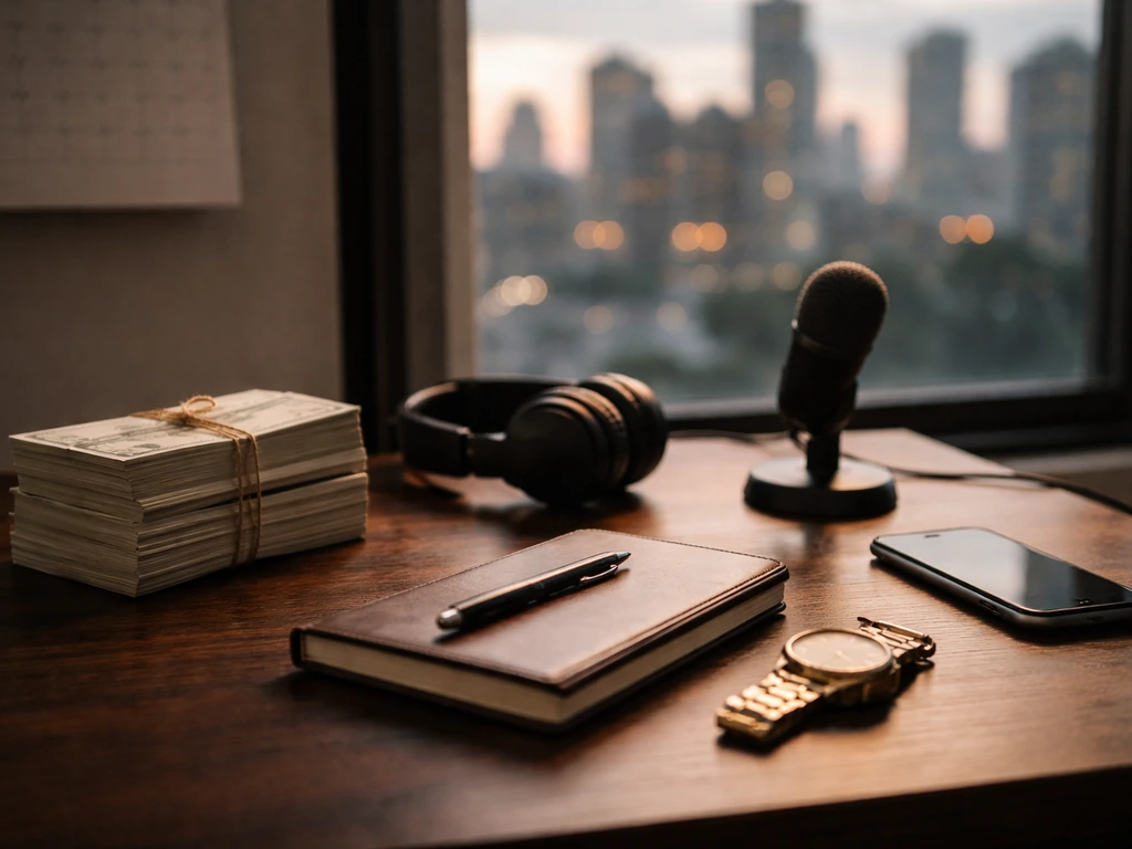 Minimal desk scene with microphone, notebook, and subtle wealth symbolism in soft city light