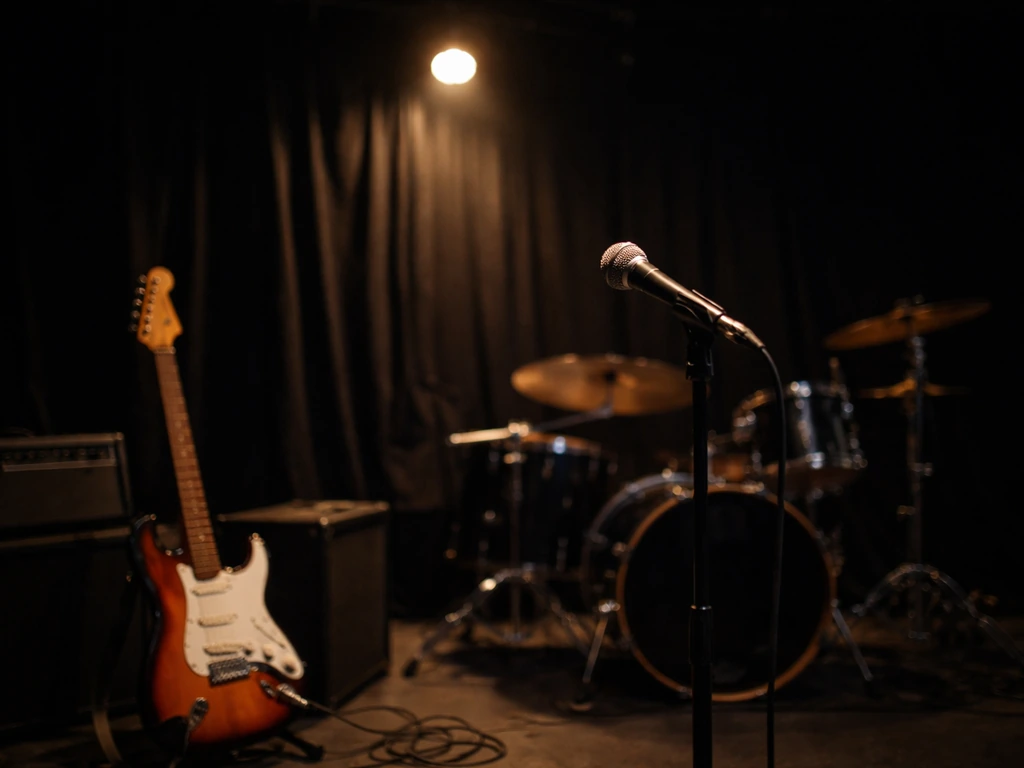Empty rock stage with electric guitar and microphone under a soft spotlight glow.