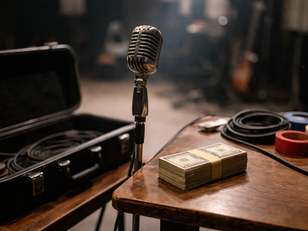 Music industry money-themed scene: vintage mic and cash-styled items on a studio desk with soft daylight.