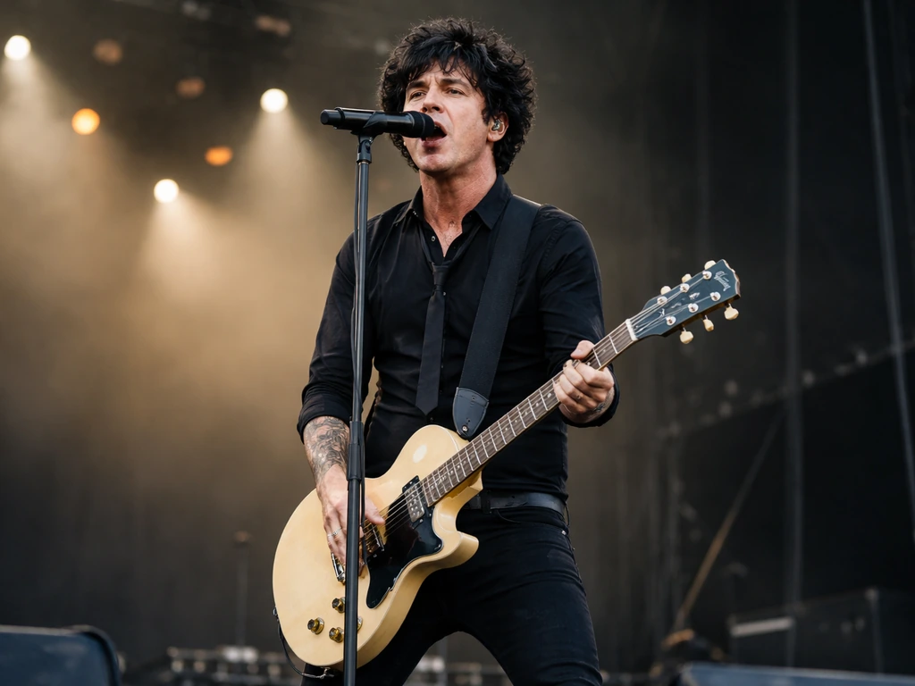 Rock musician with an electric guitar performing on a large tour stage under soft lights.