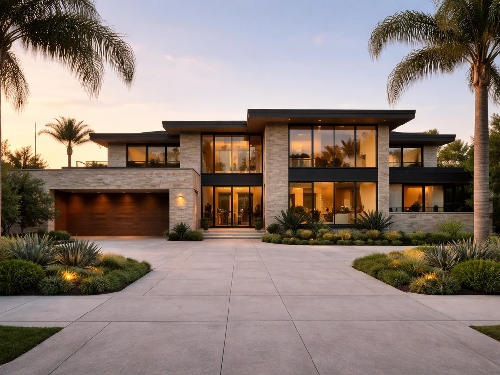 Luxury California home exterior with palm trees and stone facade, empty driveway, golden-hour asset vibe.