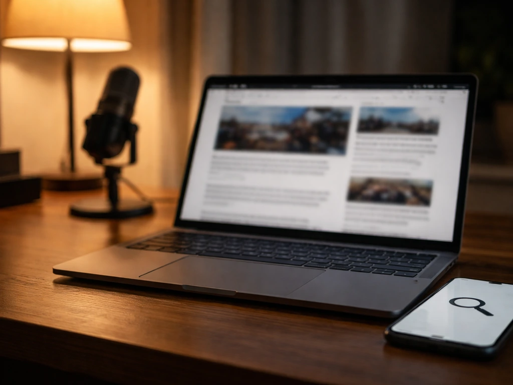 Anonymous desk with laptop and phone suggesting an online search, no readable text, documentary feel.