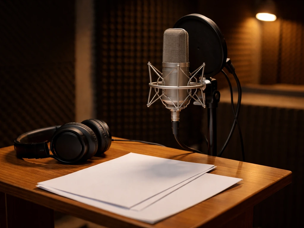 Anonymous film set workspace with microphone and script pages, evoking voice acting income sources.