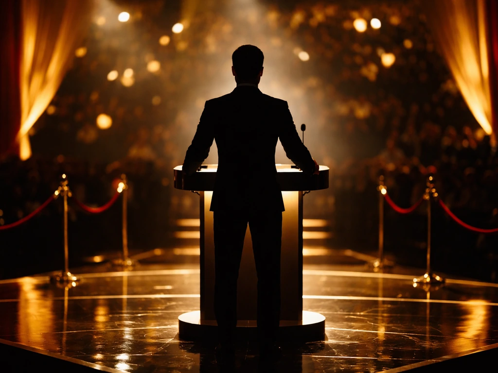 Anonymous stage host silhouette on a red carpet at an awards show, lit by spotlights and gold tones.