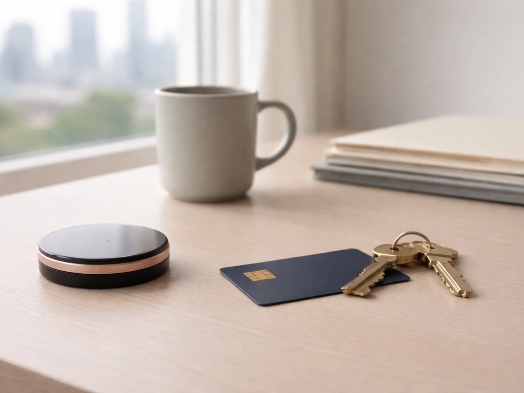 Sunlit office desk with a makeup compact, credit card, and keys on a clean surface