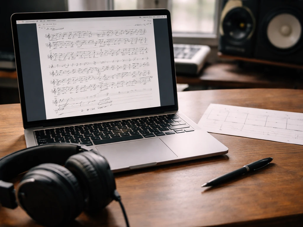 Close-up of music notes on a laptop with a simple studio session timeline on paper, royalty workflow feel.