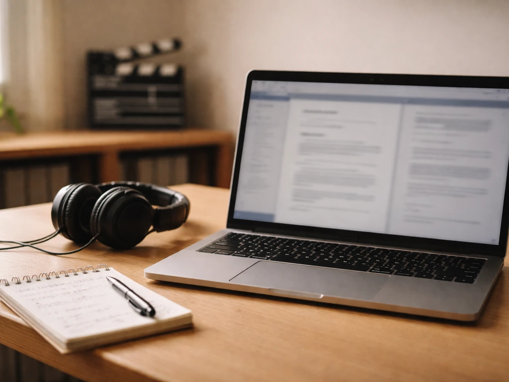 Minimal studio desk with a laptop, headphones, and a film cue style clapper slate backdrop