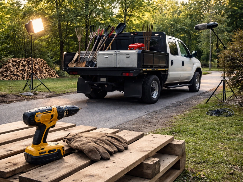 Landscaping/trucking worksite with a parked truck and filming equipment in the background, no people shown.