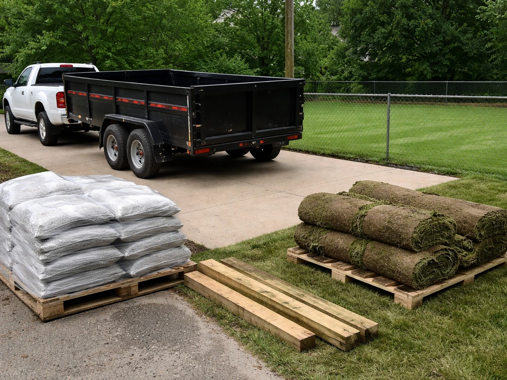 White work truck with an empty dump trailer and landscaping materials at a clean driveway worksite.
