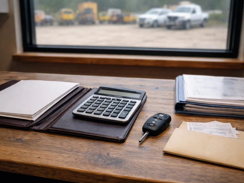 Desk with calculator and blank paperwork beside work truck keys, with trucks faintly visible outside