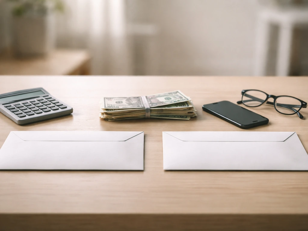 Minimal desk scene with two envelopes and scattered cash tokens, symbolizing unverified net-worth claims.