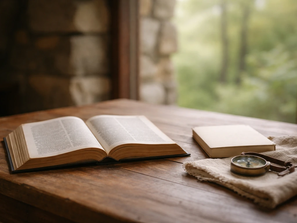 An open Bible on a wooden desk beside a small ministry book and compass, evoking Christian teaching at Prayer Mountain.