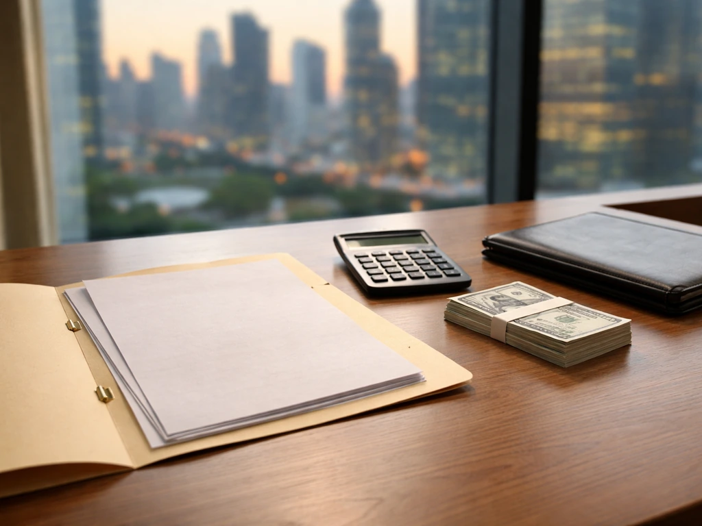 Minimal desk scene with cash, a calculator, and an open folder symbolizing a net worth estimate range.