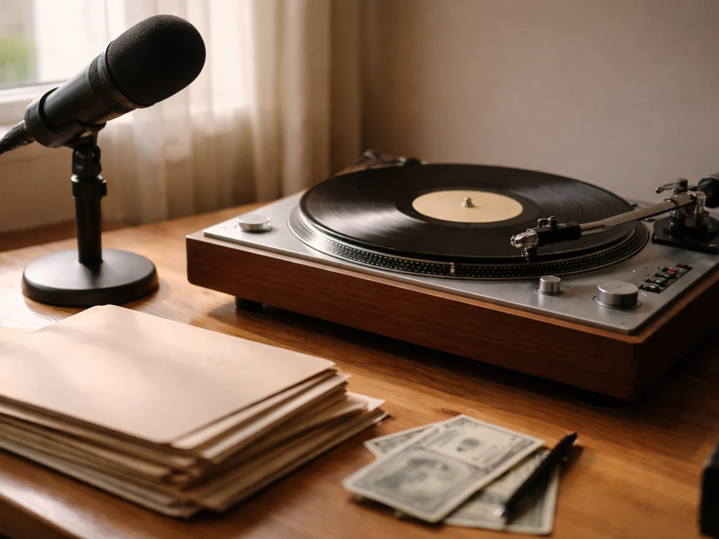 Close-up of a vinyl record, microphone, and blank deeds folders on a simple desk, symbolizing music royalties and wealth