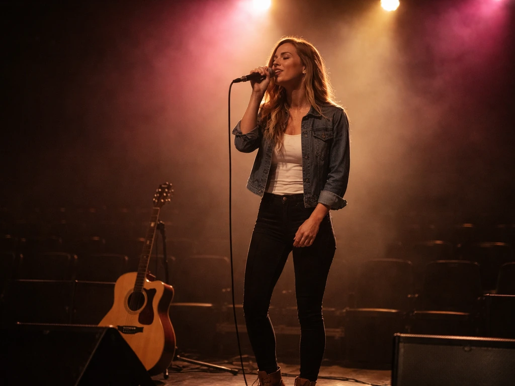 Country singer performing on a dim stage with warm lights and light haze, minimal and dramatic scene.