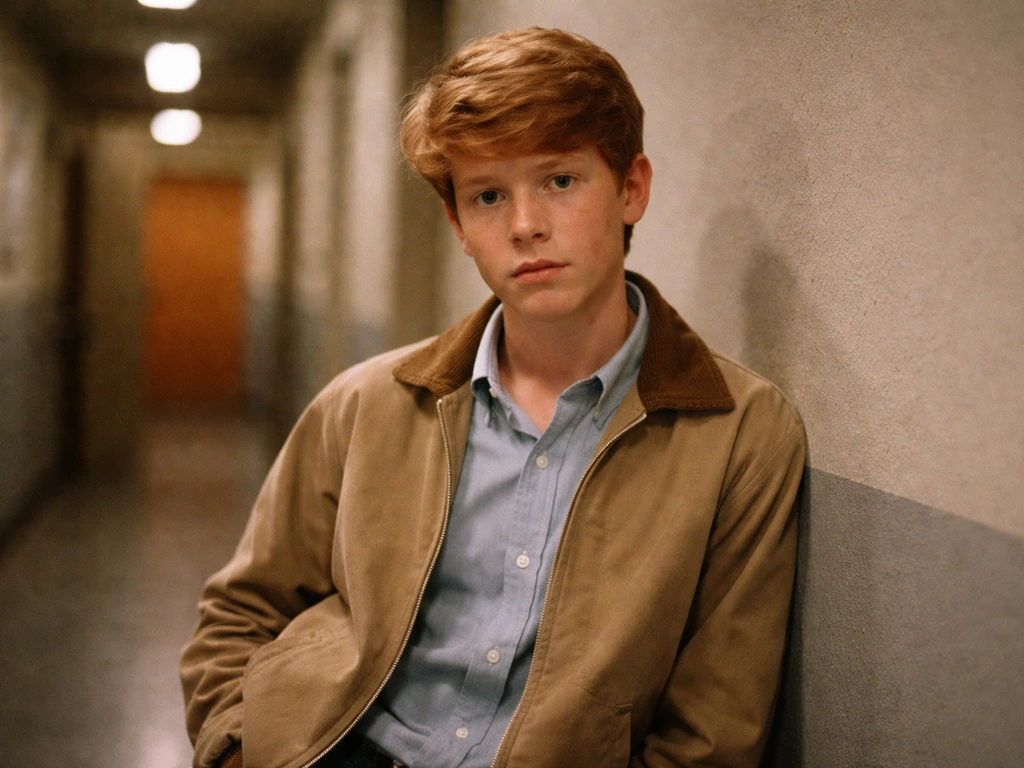 Anonymous young man in vintage 1960s TV soundstage setting, warm light, minimal background.