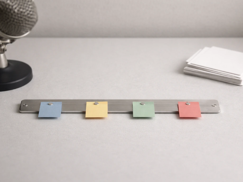 Minimal tabletop shot showing a color-coded career timeline strip beside a studio microphone and blank cards.