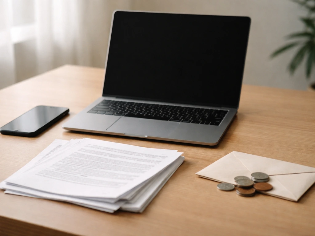 Minimal desk with open laptop, blank papers, envelope and coins suggesting verified info vs unknown money.