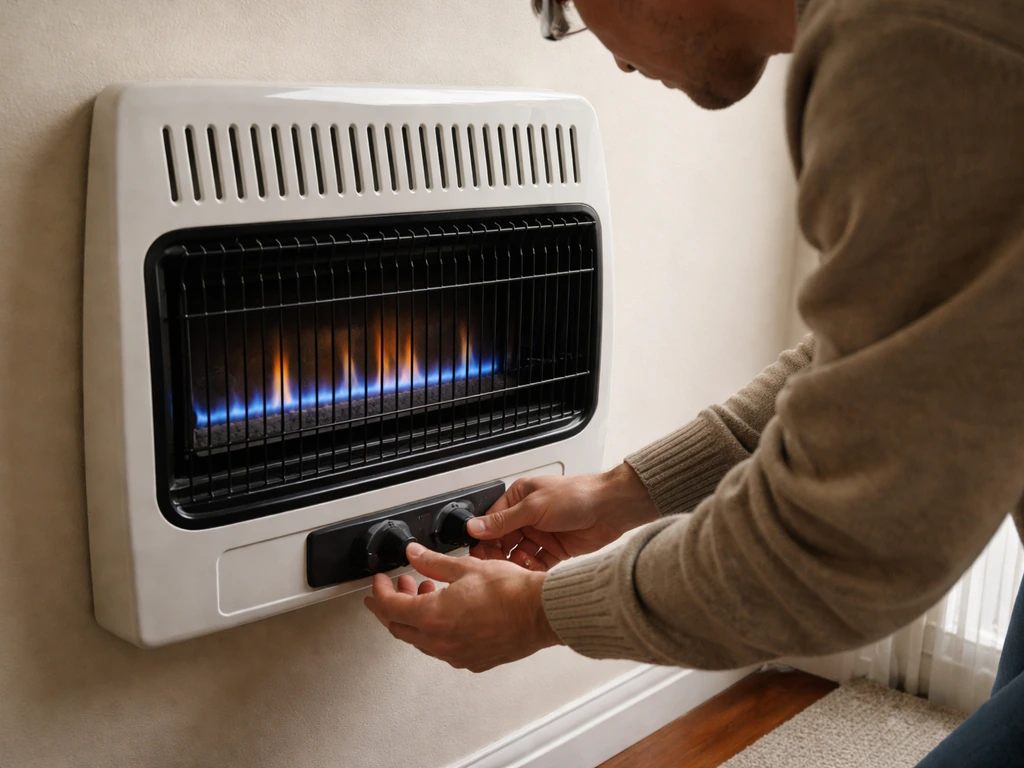 Person kneeling by a wall heater, trying ignition and watching the startup attempt.