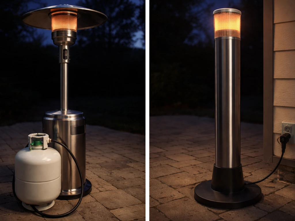 Side-by-side propane gas and electric infrared patio heaters showing the tank connection and power cord