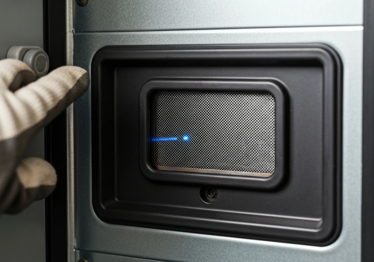Close-up of a gas burner pilot window with a small blue spark during ignition troubleshooting.
