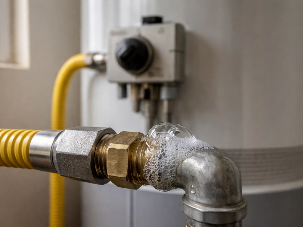 Close-up of a gas heater connection with soapy water bubbles during post-repair ignition testing
