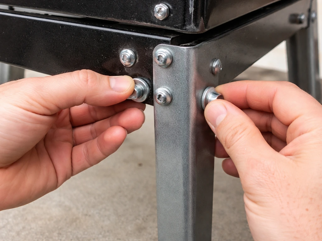 Hands checking finger-tight bolts at the grill cookbox-to-leg connection on a tabletop work surface.