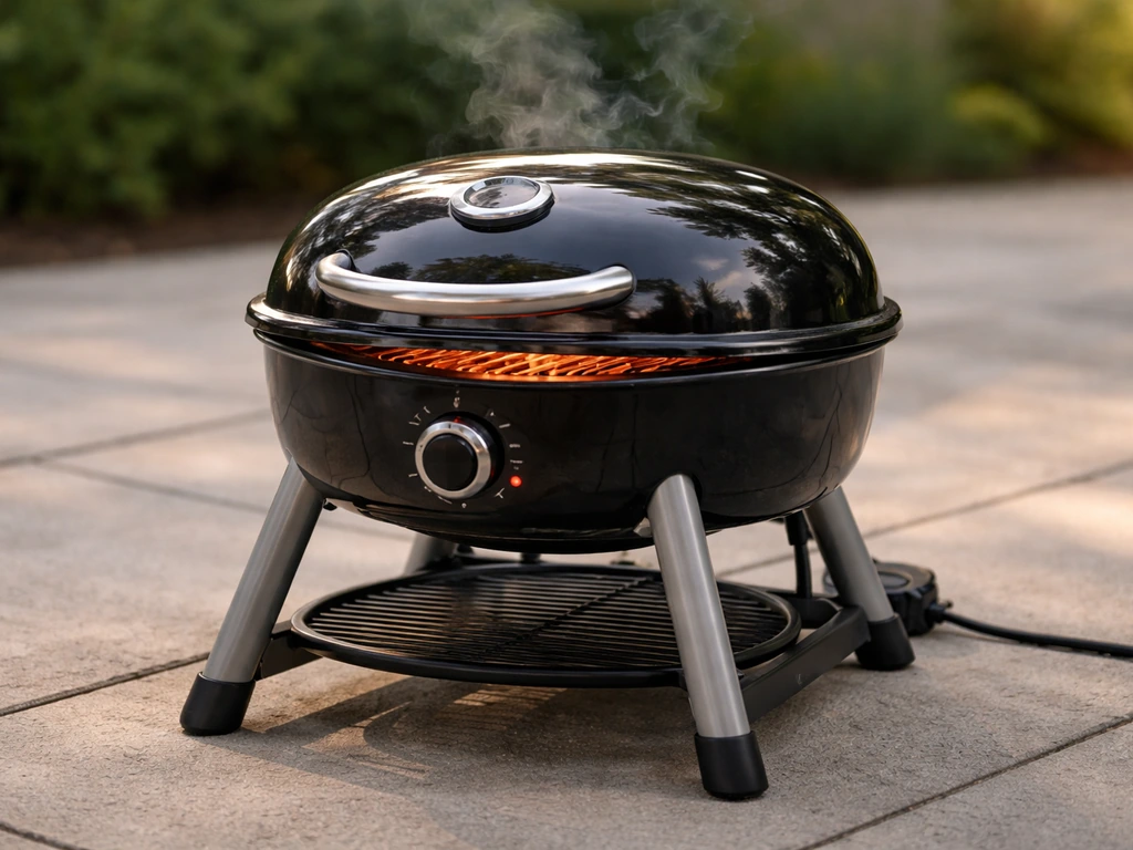 Electric Patio Bistro grill running empty on an outdoor patio, controlled visible heat and faint smoke
