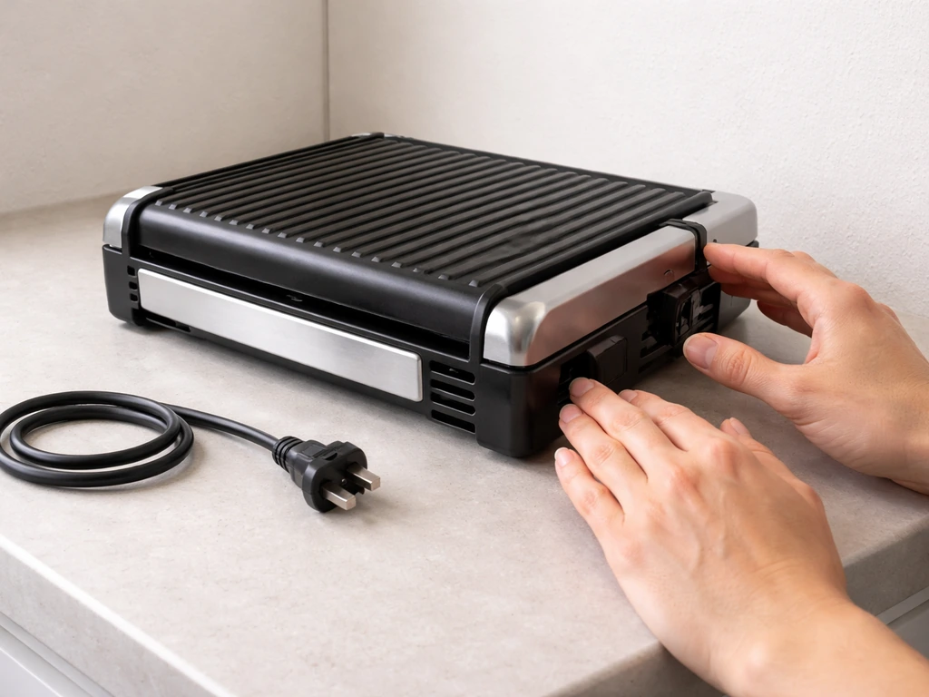 Unplugged electric grill with disconnected plug nearby and hands checking the exterior wiring area safely