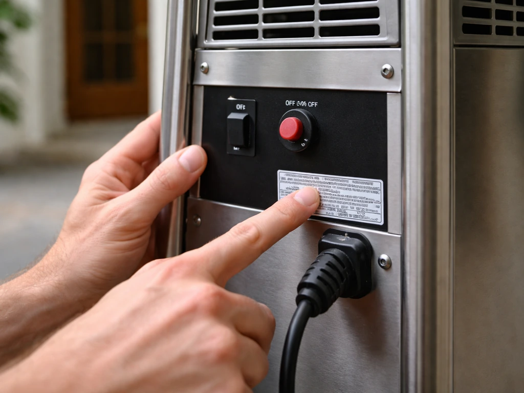 Close-up of a patio heater safety label being checked, with focus on label area and power connection.