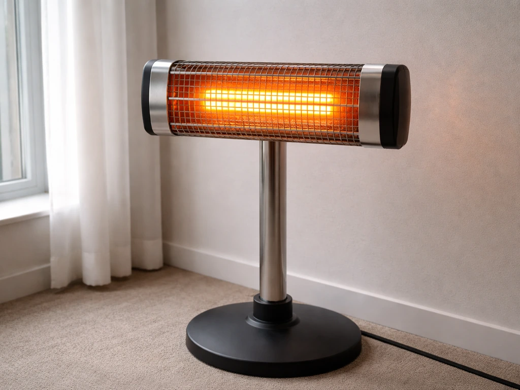 Close-up of an electric infrared patio heater glowing indoors with no exhaust or flames visible.