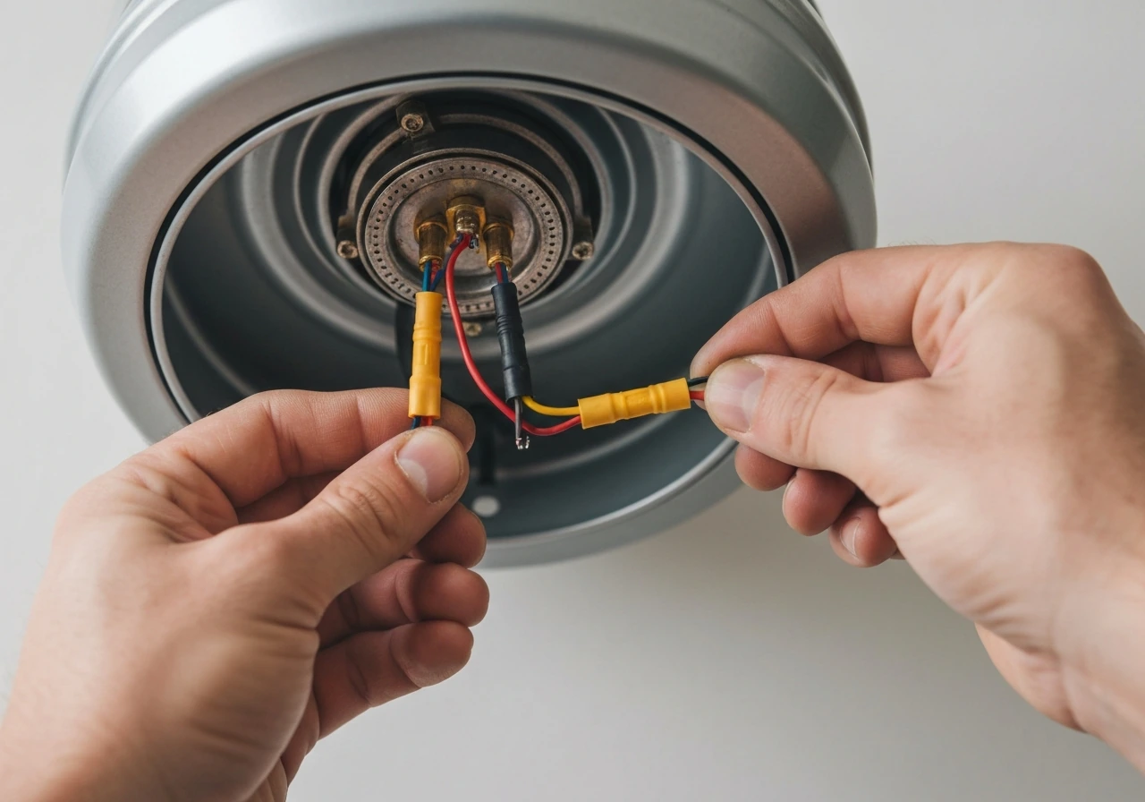 Close-up of hands disconnecting ignitor electrode and thermocouple wiring on a gas heater burner.
