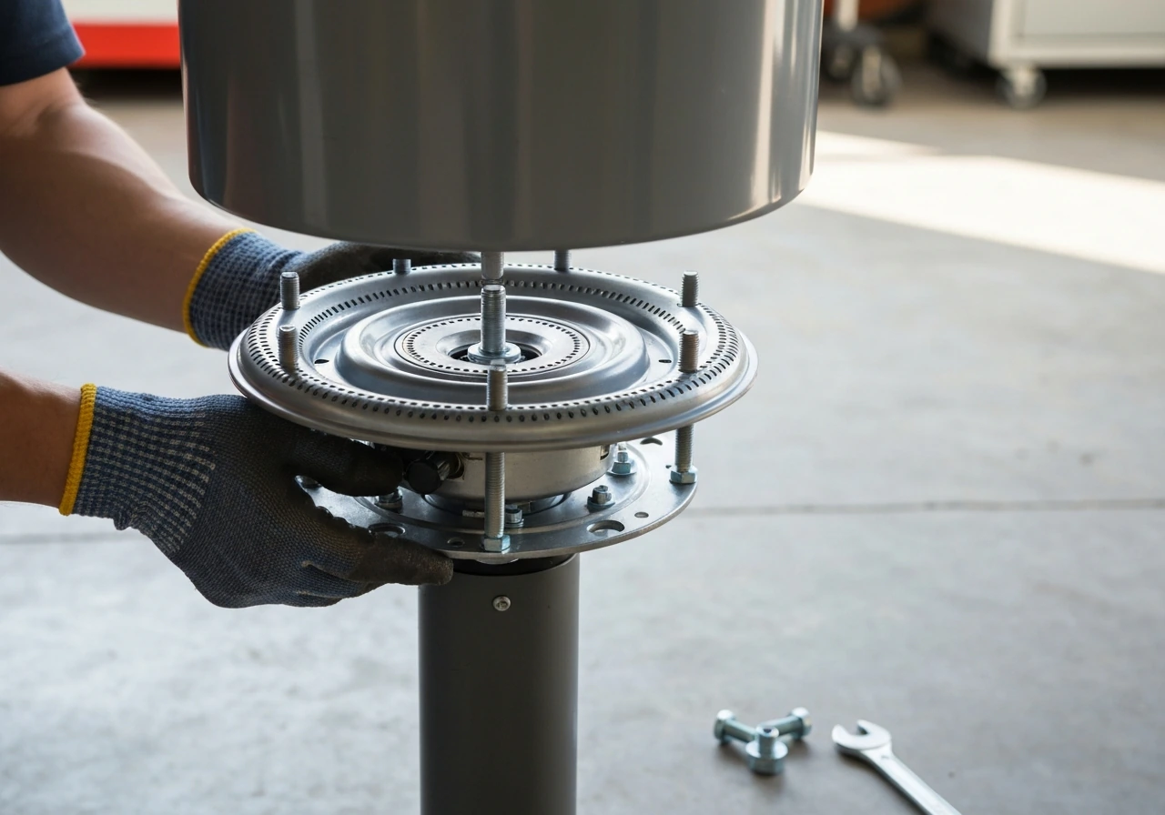 Gloved hands align and bolt a new burner top assembly onto a heater base, ensuring a proper seated fit.