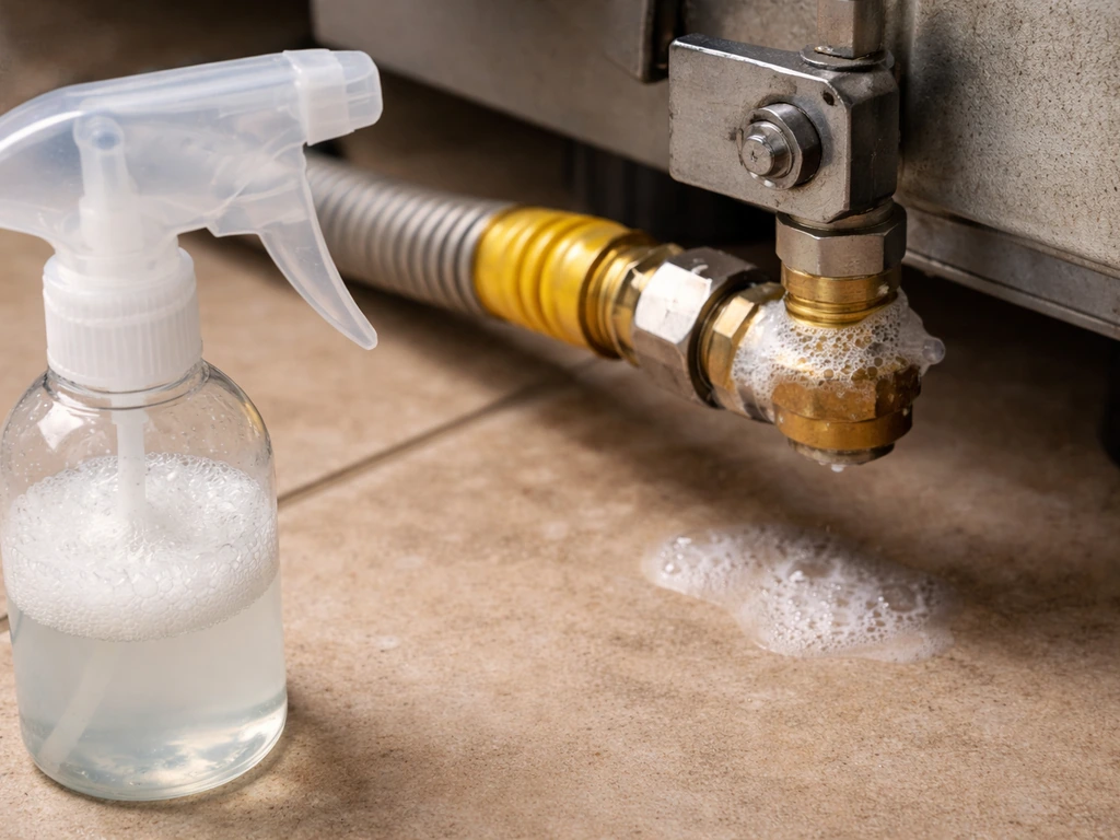 Soapy dish-water applied around a reconnected gas joint with small bubbles, flame not lit.