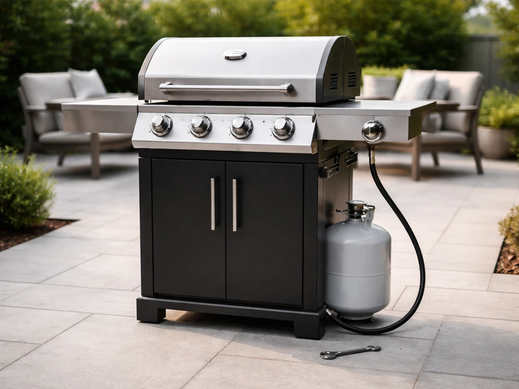 Assembled patio grill with tools and gas hose connected on a clean patio, ready for safe first test.