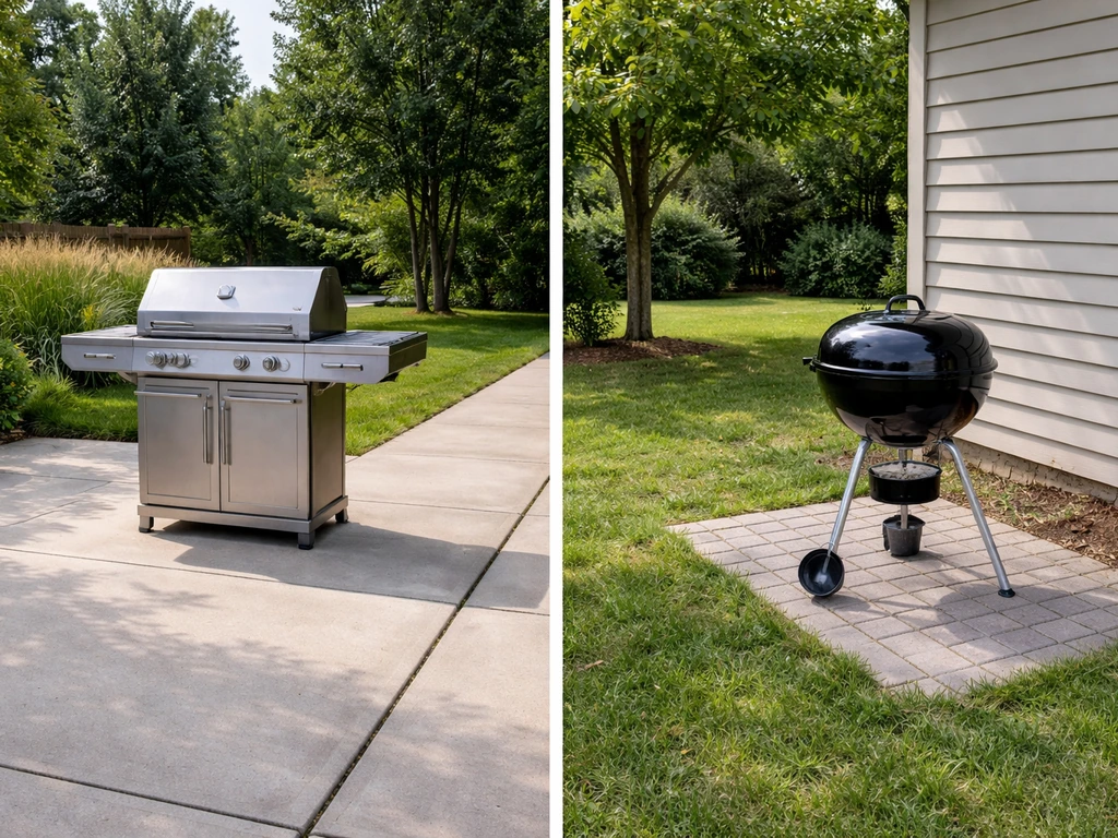 Side-by-side patio setup: gas grill on one spot with clear clearance, charcoal grill on another spot farther away.
