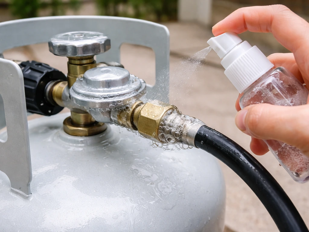 Hand holding a spray bottle with soapy water checking bubbles around a propane regulator connection.