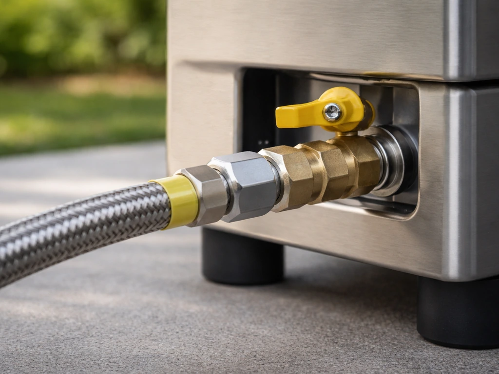 Outdoor natural gas grill with a flex stainless braided hose connected near the on/off valve