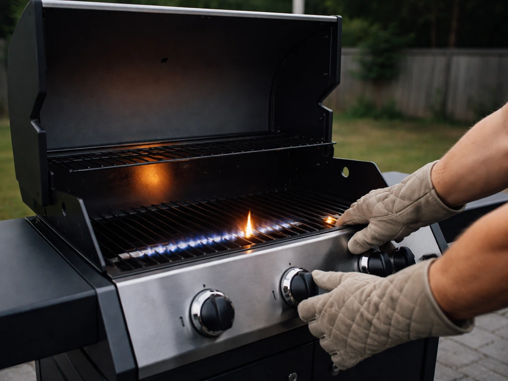 Person’s hands igniting a gas grill with the lid fully open during a safe preheat.