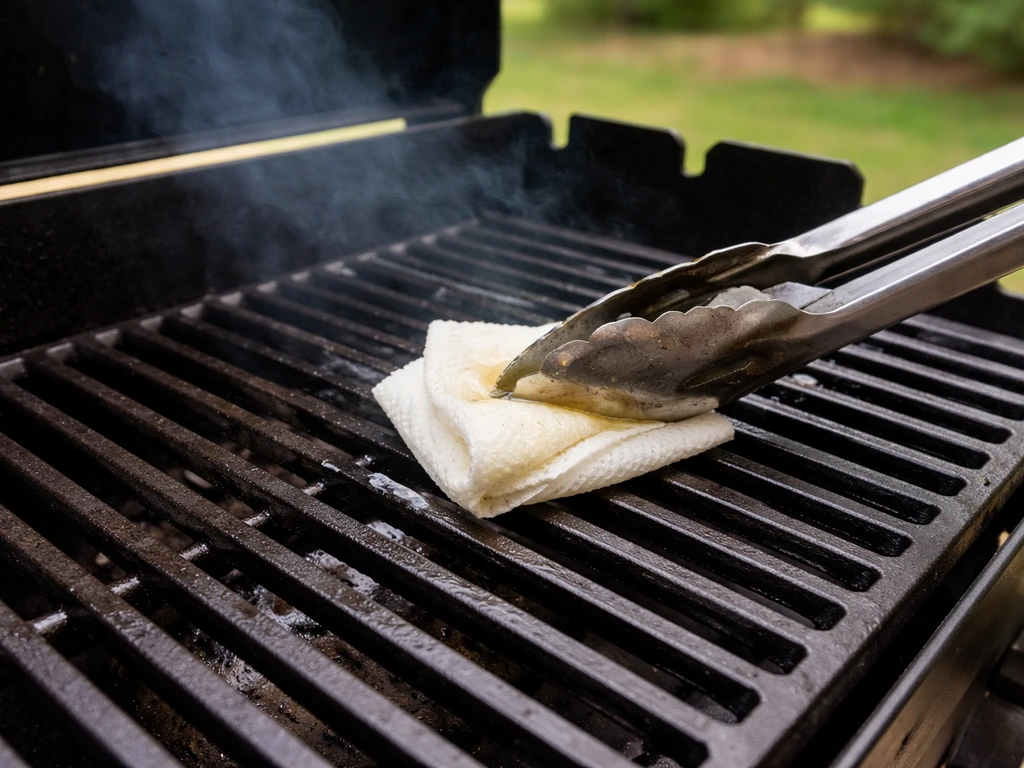 Long tongs wipe oil-soaked folded paper towel across grill grates after preheat.
