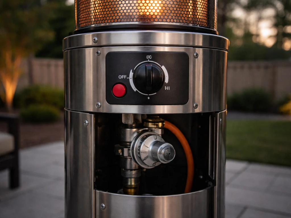 Outdoor Hampton Bay patio heater with control knob and gas valve area visible for manual troubleshooting context.