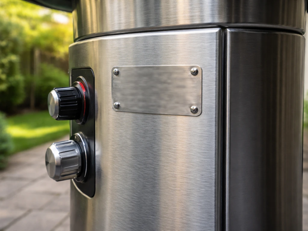 Close-up of a patio heater’s rating plate area where the model number is located
