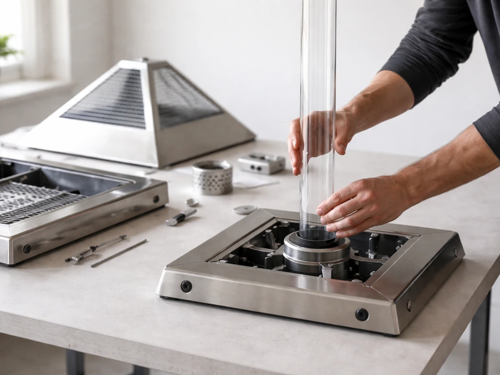 Hands aligning a pyramid-style heater’s clear glass tube column during initial assembly on a clean surface.
