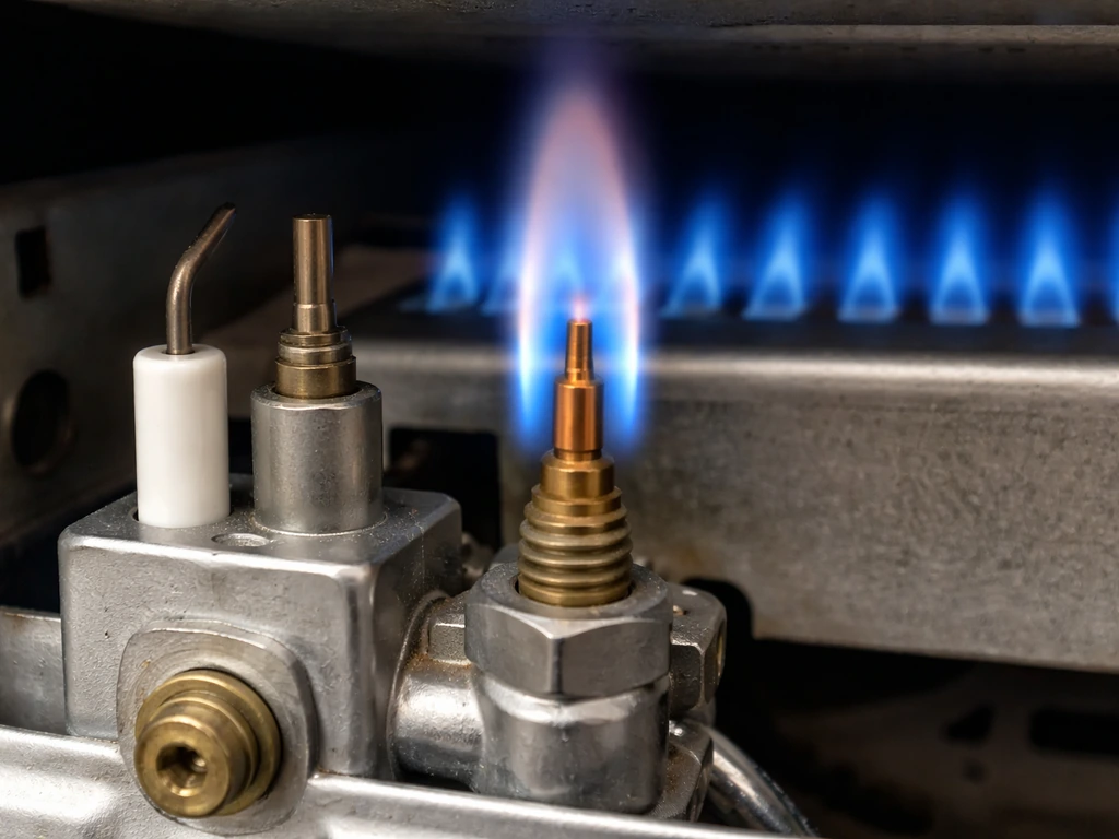 Close-up of gas heater burner where a blue flame properly touches the thermocouple tip.